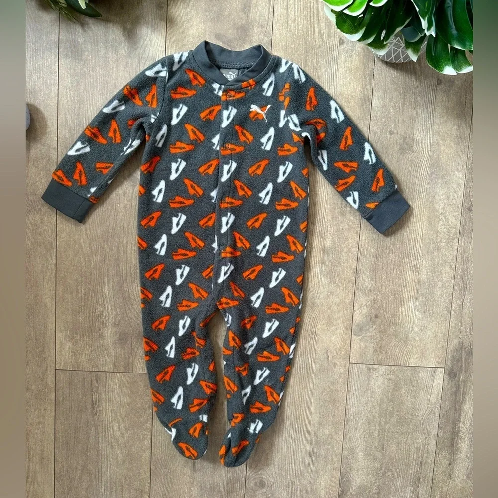 Y2K Puma Baby Infant Boys Cozy Gray and Orange Kids One Piece Footies 6-9 Months